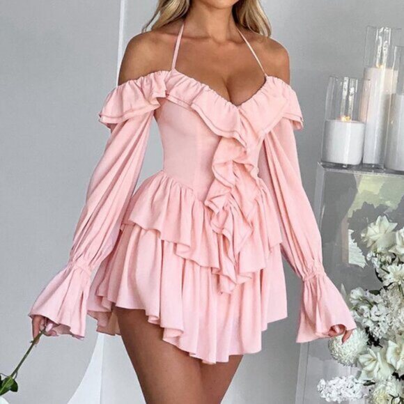 Pink Sexy Women's Ruffled Bodycon Halter Top Jumpsuit - Picture 2 of 4